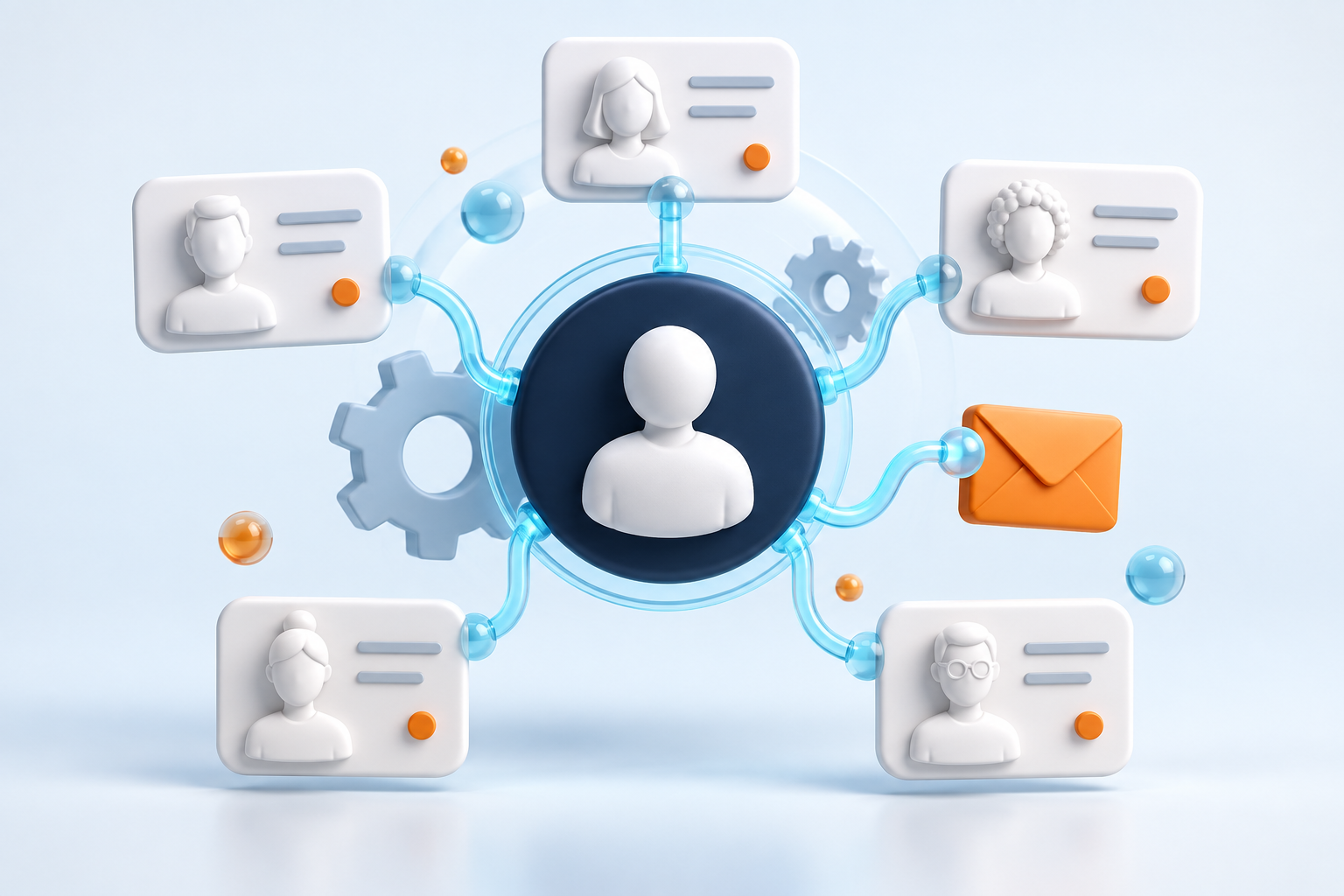 A new conceptual illustration of customer records connected to a central CRM hub.